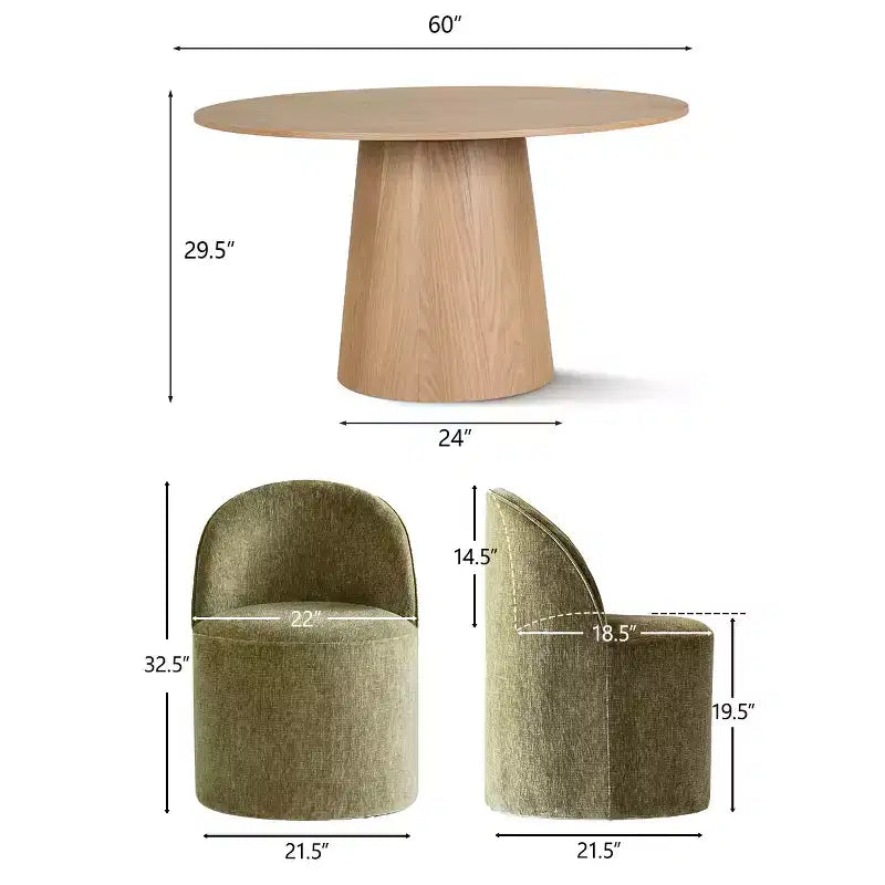Ensemble de table à manger moderne pour 6 personnes, table ronde à piètement central, fauteuils tonneau pivotants à roulettes, chenille texturée - Panipeachy