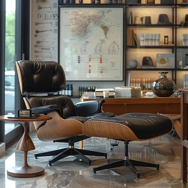 Poltrona decorativa Furgle in vera pelle con pouf, legno di noce