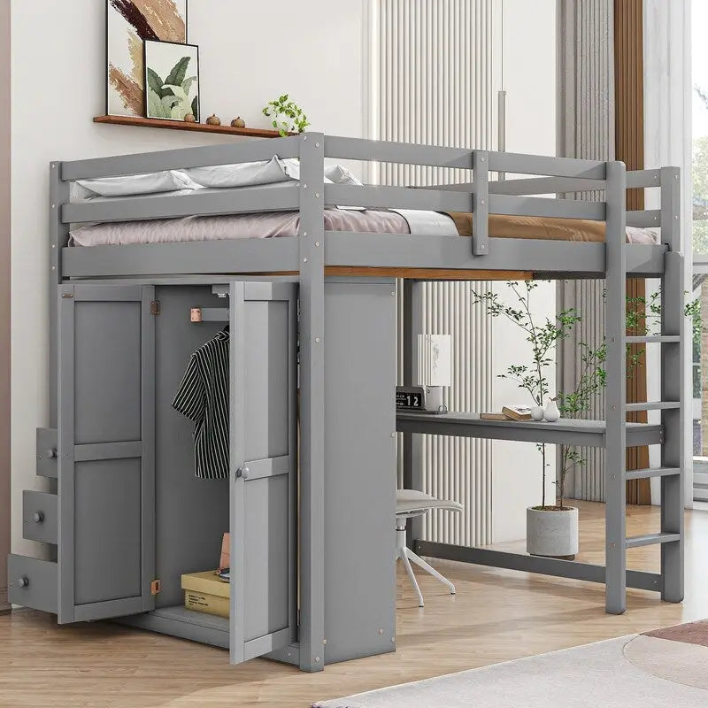 Lit mezzanine en bois 2 places avec armoire intégrée, bureau, étagères de rangement et tiroirs