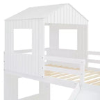 Lit superposé en bois Luxystar avec couchage supérieur une place et inférieur deux places, maisonnette, toboggan et barrières de sécurité