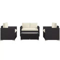 Set da giardino in rattan da 4 pezzi, set da patio in vimini con divanetto, sedie e tavolino da caffè con piano in vetro