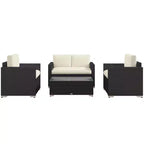 Set da giardino in rattan da 4 pezzi, set da patio in vimini con divanetto, sedie e tavolino da caffè con piano in vetro