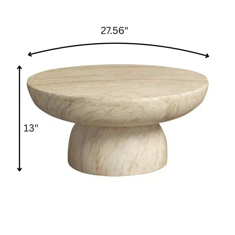 Tavolino da caffè rotondo LeisureMod Lunexa, tavolino decorativo con base a piedistallo in Fiberstone per uso interno o esterno, design scolpito con piedini antiscivolo