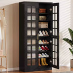 Meuble à chaussures haut Lantine avec portes, rangement à chaussures à 8 niveaux avec étagères réglables, meuble à chaussures moderne pour entrée, placard ou salon, blanc