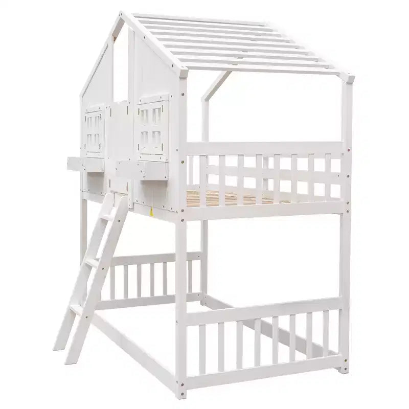 Letto a soppalco matrimoniale singolo a forma di casetta, letto rialzato in legno tipo casetta con scaletta e sponde di sicurezza per bambini