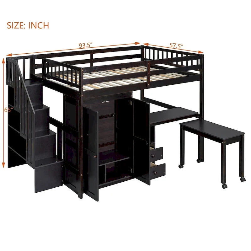 Letto a soppalco matrimoniale con scale, libreria, scrivania e guardaroba, mobile multifunzionale salvaspazio per bambini e ragazzi - bianco