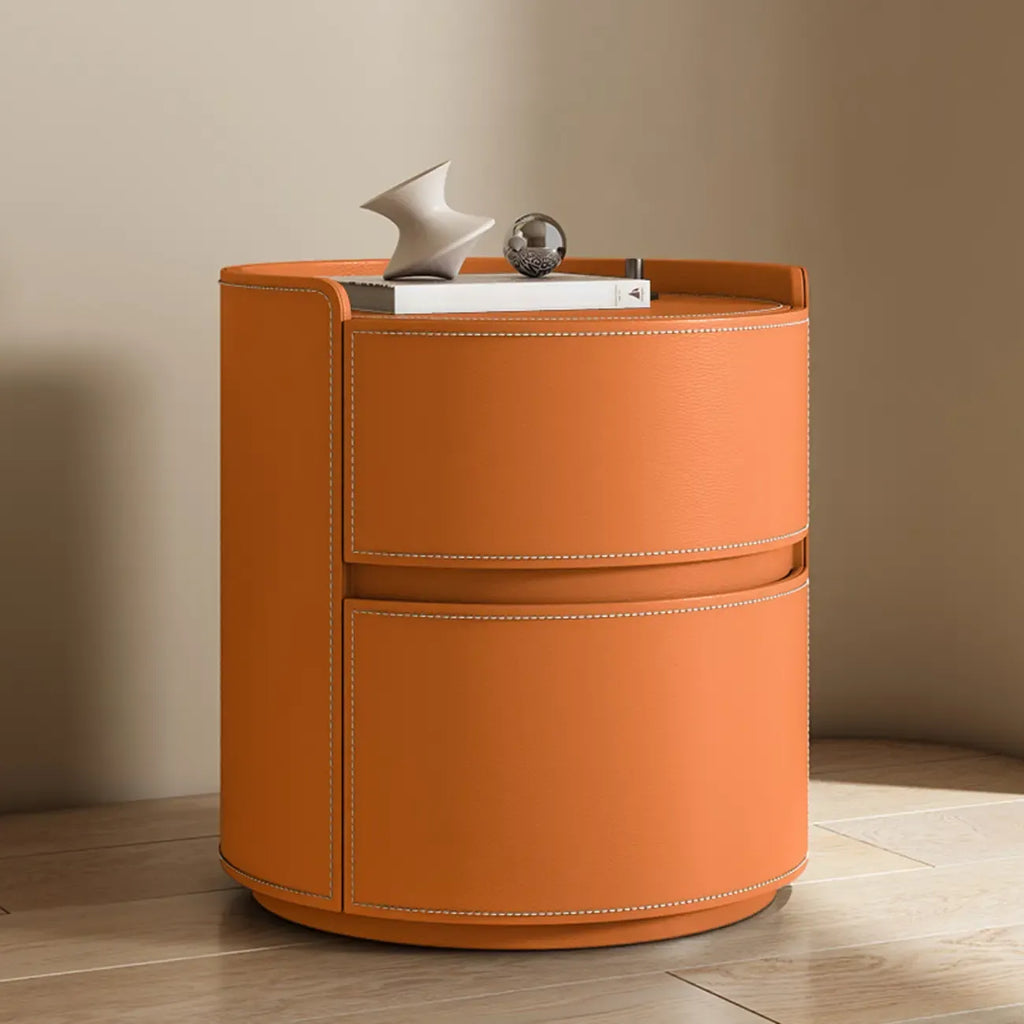 Moderne ronde nachtkast met leren blad en 2 laden