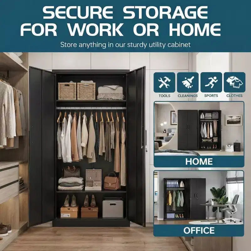 Armoire-penderie en acier robuste de 72 po avec serrure, armoires de rangement métalliques pour garage, armoire métallique de rangement pour la maison, la chambre, le bureau ou le dressing