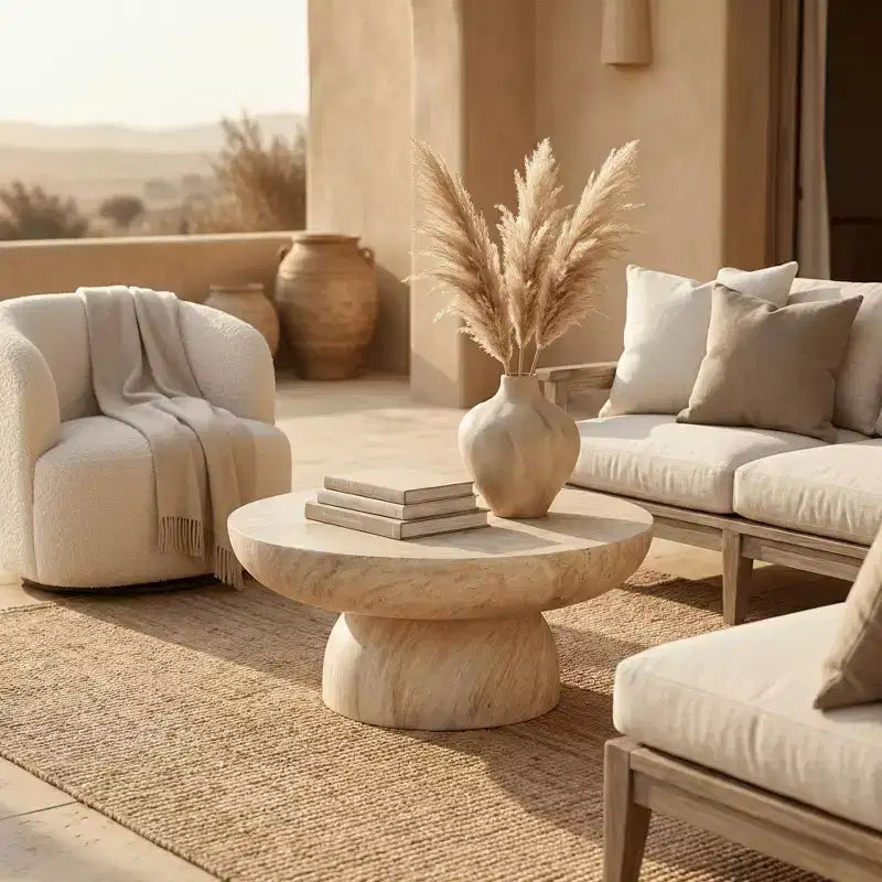 Tavolino da caffè rotondo LeisureMod Lunexa, tavolino decorativo con base a piedistallo in Fiberstone per uso interno o esterno, design scolpito con piedini antiscivolo