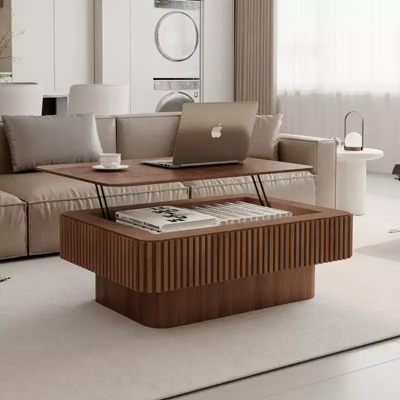 Tavolino da salotto JVNOXK da 38.6' con piano sollevabile scanalato e spazio contenitore, impiallacciatura in legno massello, altezza regolabile, tavolo moderno d'accento per soggiorno e camera da letto, noce