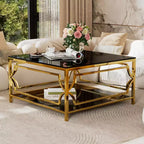Merax Square Coffee Table with Black or Clear Glass Top and Two-Tier Display Shelf