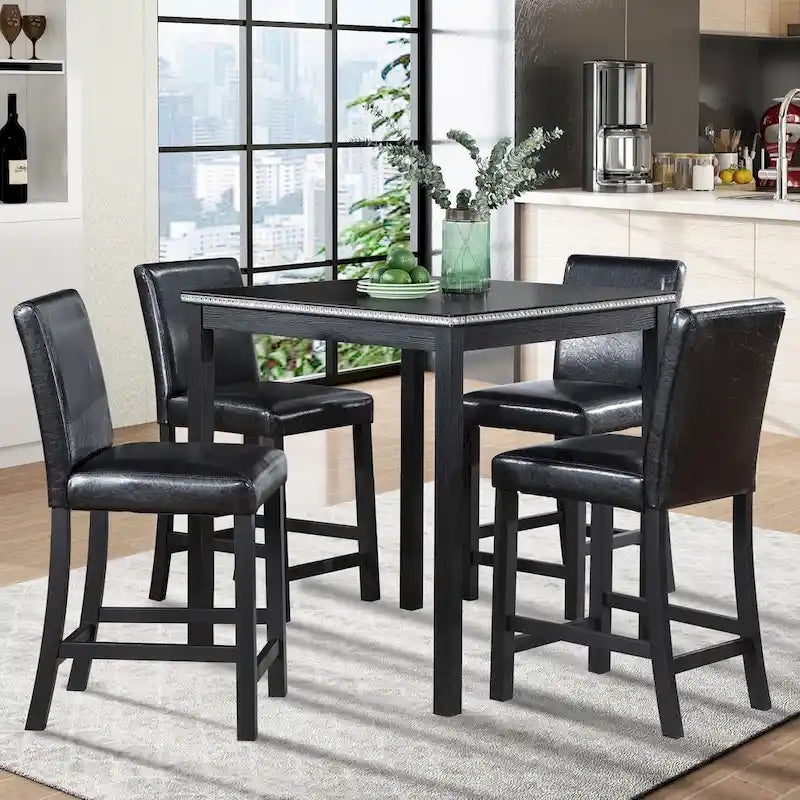 Set da pranzo moderno da 5 pezzi con tavolo quadrato ad altezza bancone e 4 sedie imbottite