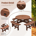 Ensemble de pique-nique et repas rond pour terrasse extérieure en bois de sapin, 8 personnes, avec 4 bancs intégrés et trou pour parasol