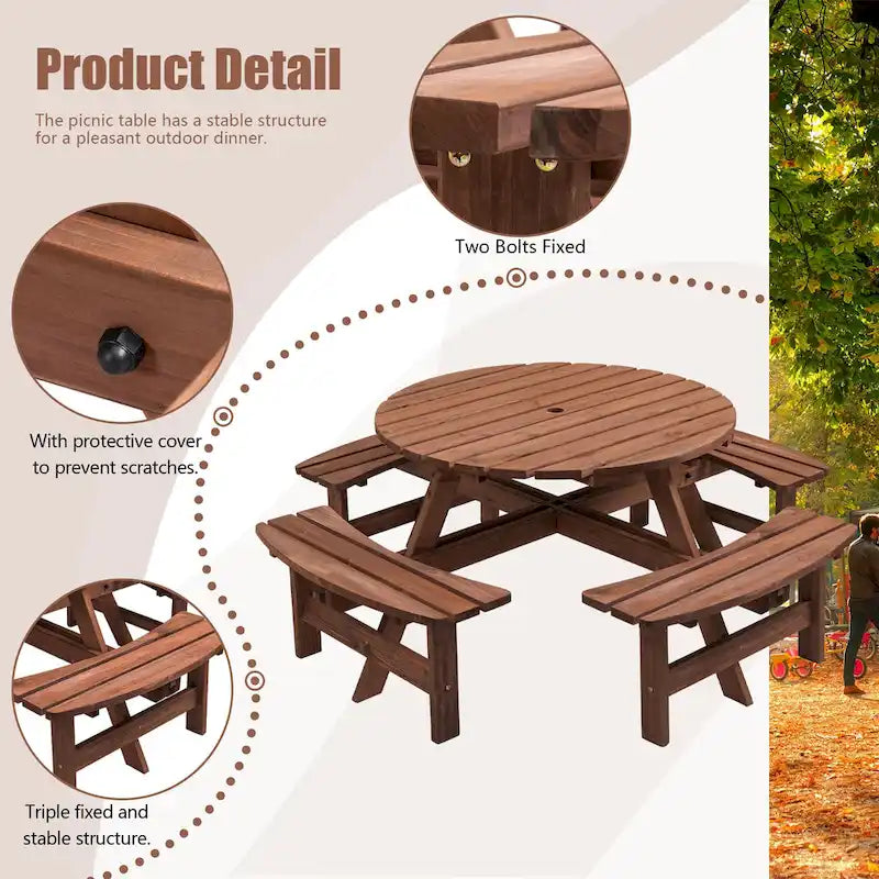 Ensemble de pique-nique et repas rond pour terrasse extérieure en bois de sapin, 8 personnes, avec 4 bancs intégrés et trou pour parasol
