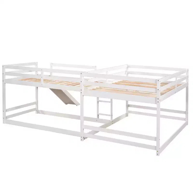 Lit superposé en L pour 4 enfants, lit superposé quadruple avec toboggan, structure en bois avec couchage double et simple pour chambre ou dortoir