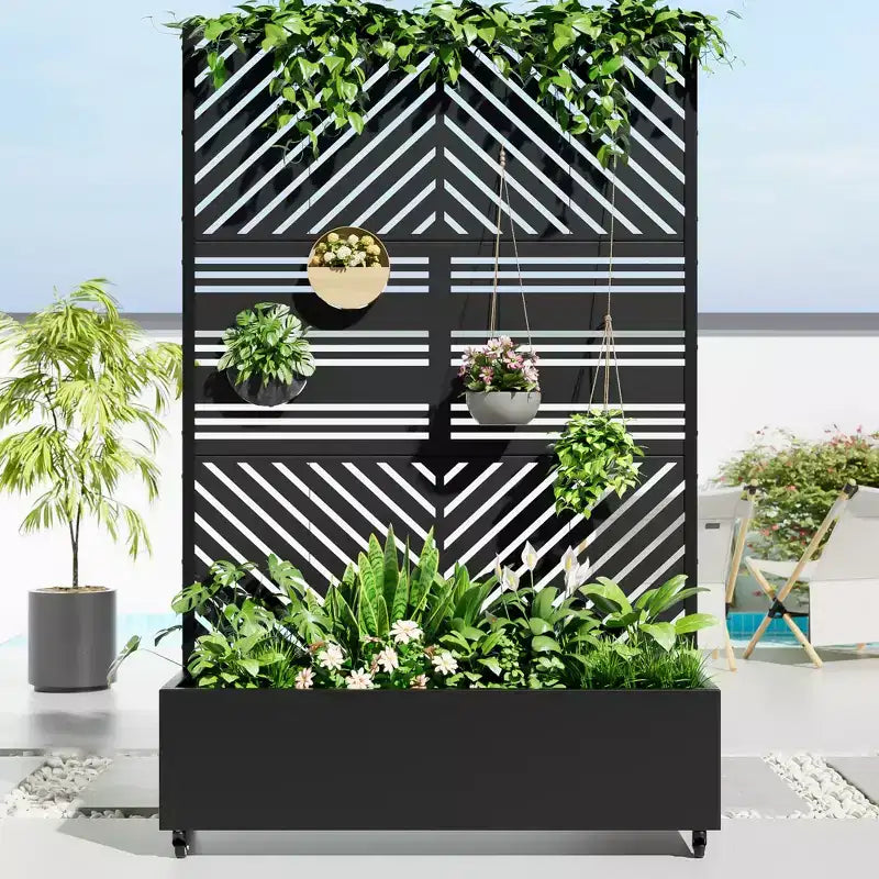 Fioriera MAYEERTY con graticcio in ferro nero, Linea Parallela 01, stile classico a persiana combinato, 72x47x16 pollici, set da 3 pezzi