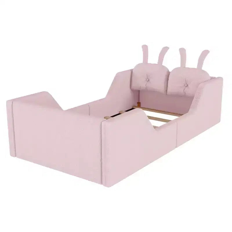 Letto a piattaforma singolo Whisen, struttura imbottita per letto a terra per bambini con cuscino a forma di coniglio e sponde laterali rimovibili