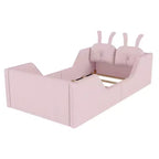 Letto a piattaforma singolo Whisen, struttura imbottita per letto a terra per bambini con cuscino a forma di coniglio e sponde laterali rimovibili
