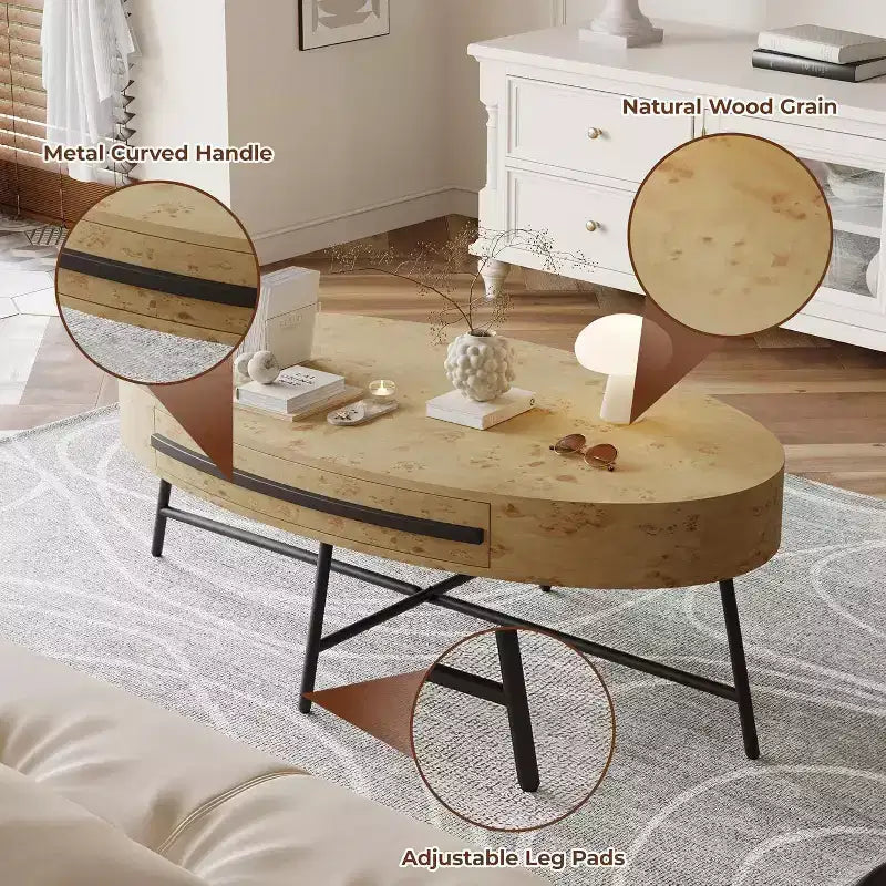 Table basse ovale Acekool avec tiroir, table de rangement en bois de 47,2 avec pieds en métal croisés, table centrale moderne du milieu du siècle en finition bois naturel et saule doré