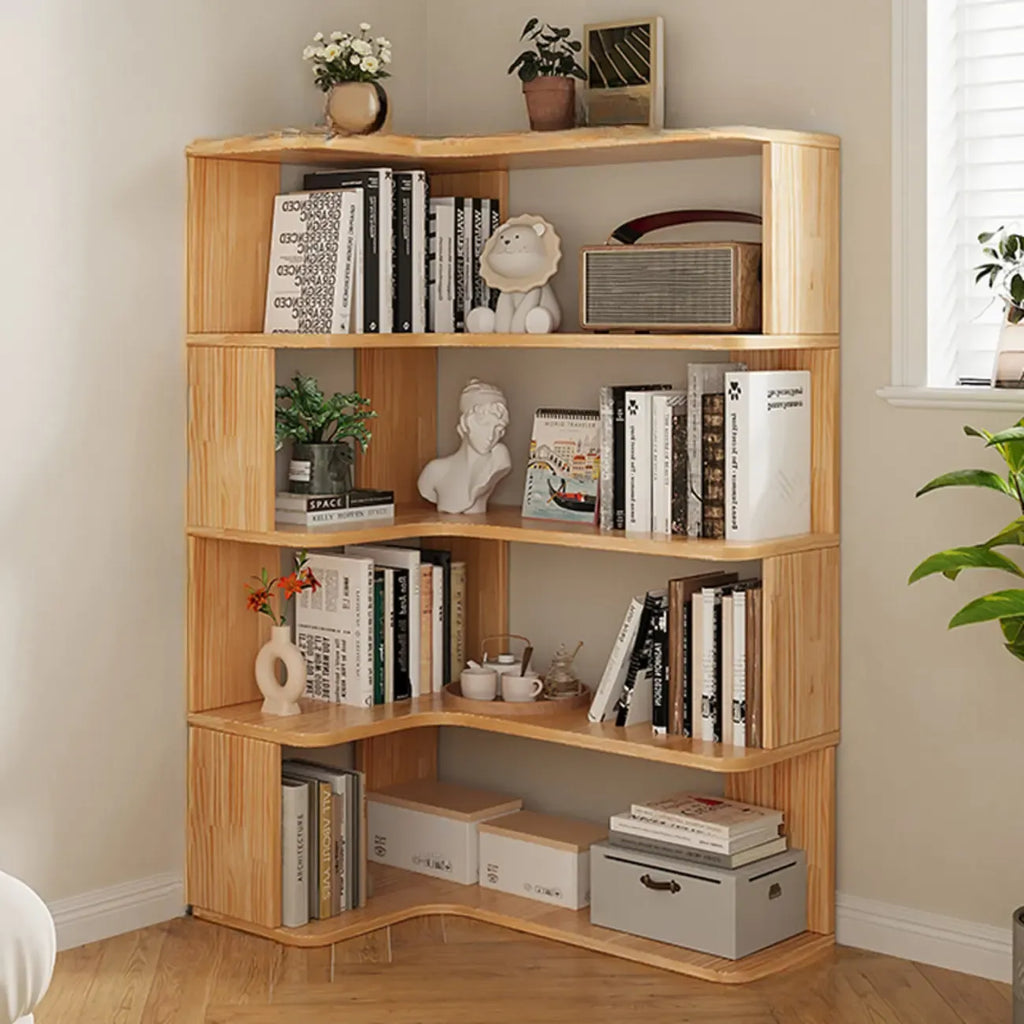 Libreria verticale in legno a forma di L con finitura naturale e schienale aperto