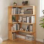 Libreria verticale in legno a forma di L con finitura naturale e schienale aperto