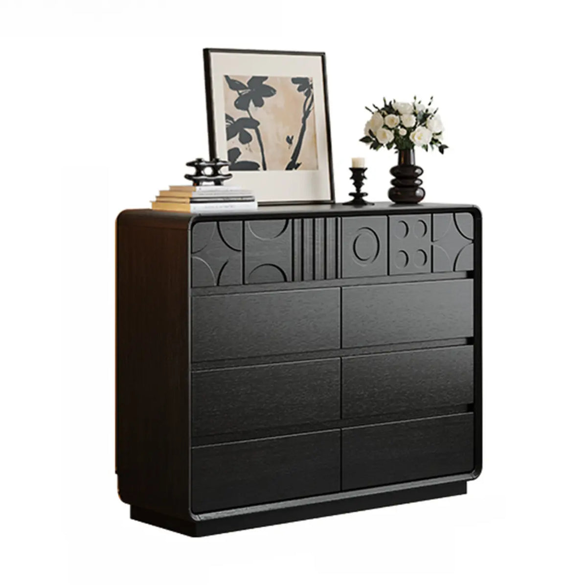 Commode en bois inspirée de l’Art déco avec motifs géométriques sculptés