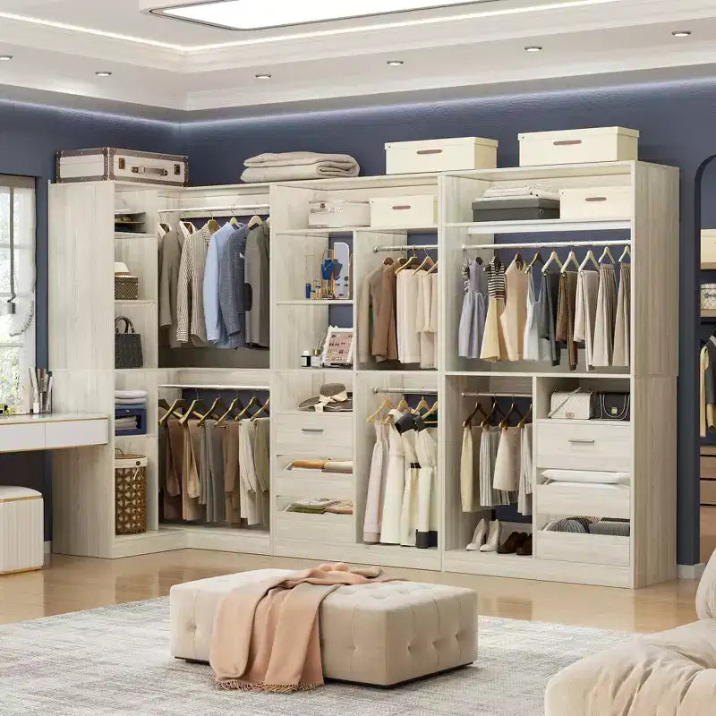 Ensemble Besiost de 3 éléments pour dressing d’angle avec étagères en colonne et tiroirs, organisateur de dressing autoportant avec tringles