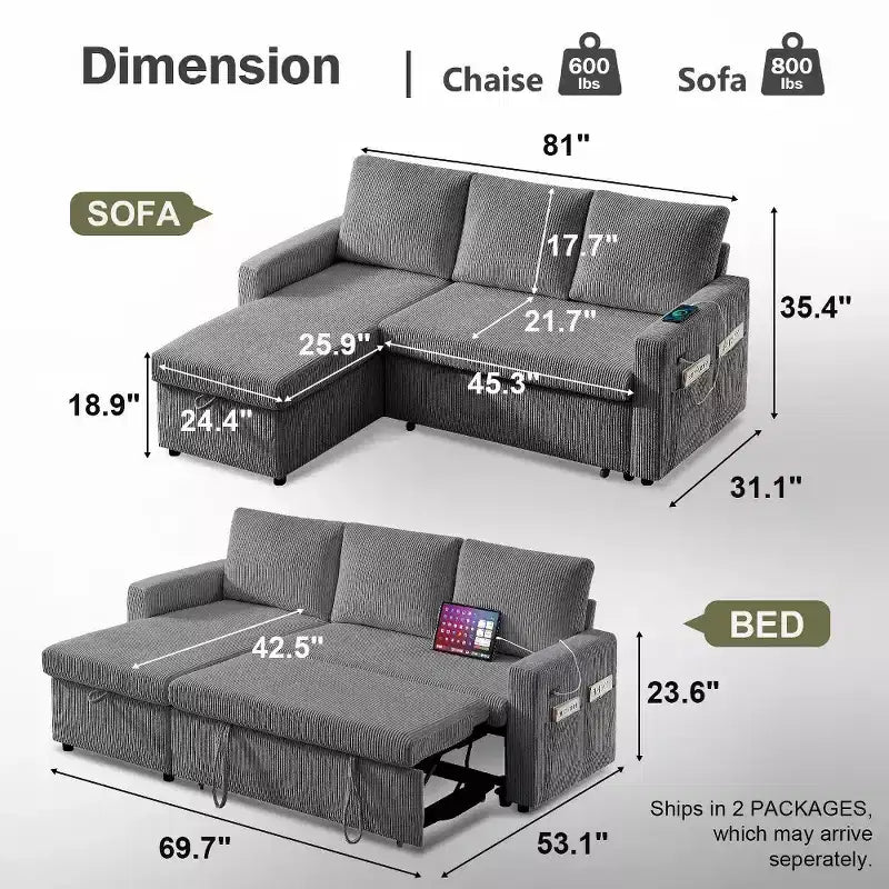Dyonery 81-Sitzer-Schlafsofa, L-förmiges Ausziehsofa mit wendbarer Recamiere mit Stauraum, USB-Anschluss und verstellbarer Rückenlehne