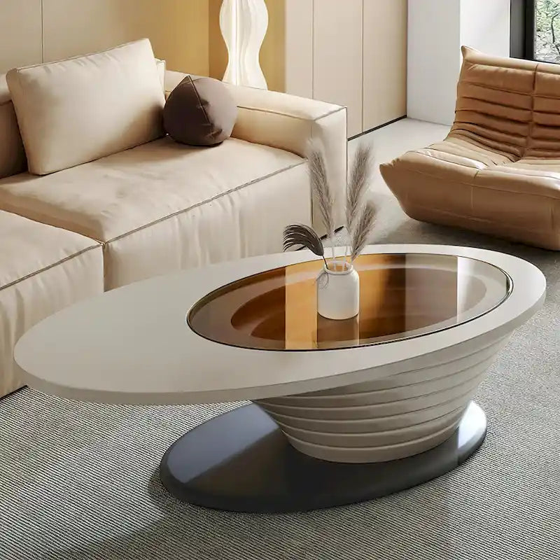 Tavolino da salotto ovale moderno e minimalista di lusso leggero con piano in vetro e base grigia, 51 pollici - L 51.18'W 25.59'H 14.37'