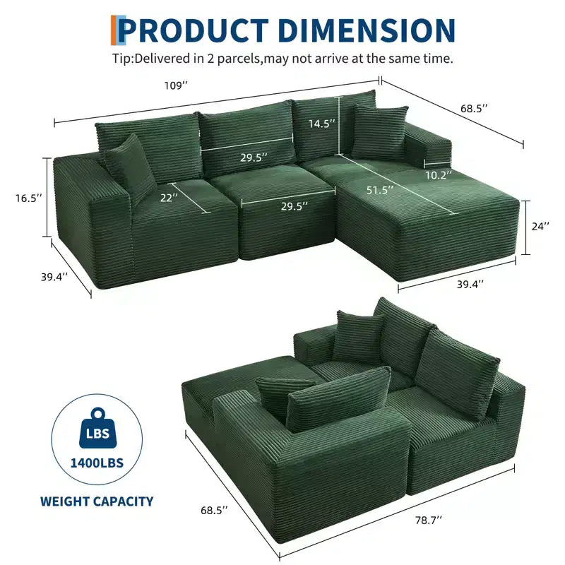 108 modernes Sofa, 3-Sitzer-Sofa in L-Form mit Polsterbezug und Kissen, Sofa mit tiefer Sitzfläche, keine Montage erforderlich