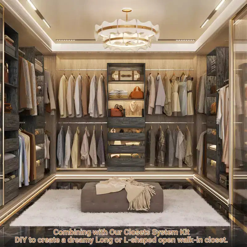 Système d’organisation de dressing en bois Besiost de 4 à 9 pieds avec 4 tiroirs, 4 tringles et des colonnes d’étagères