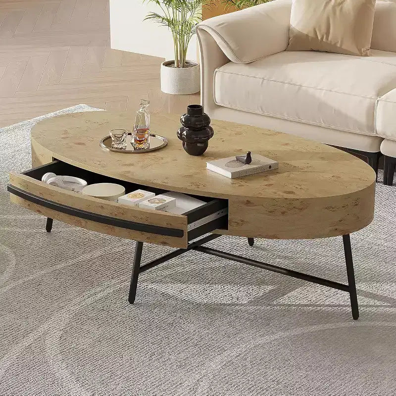 Table basse ovale Acekool avec tiroir, table de rangement en bois de 47,2 avec pieds en métal croisés, table centrale moderne du milieu du siècle en finition bois naturel et saule doré