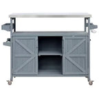 Îlot de cuisine extérieur Okak avec plateau en acier inoxydable, desserte de cuisine en bois avec portes, étagères et porte-épices, îlot de cuisine à roulettes