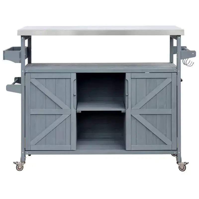 Îlot de cuisine extérieur Okak avec plateau en acier inoxydable, desserte de cuisine en bois avec portes, étagères et porte-épices, îlot de cuisine à roulettes