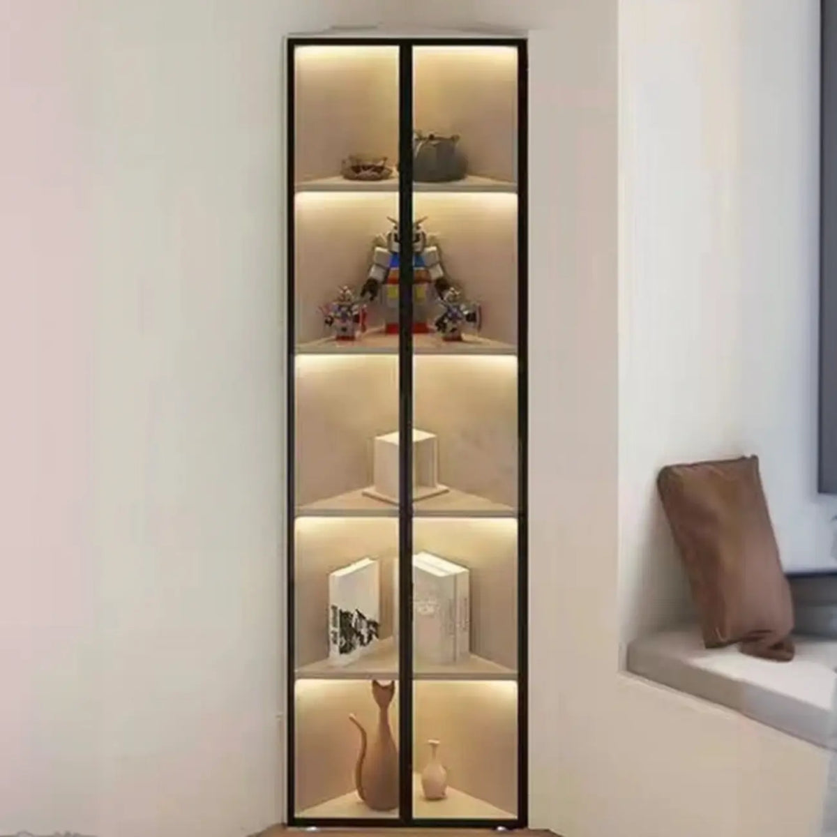 Mobile angolare moderno da esposizione in metallo e legno grigio con anta in vetro
