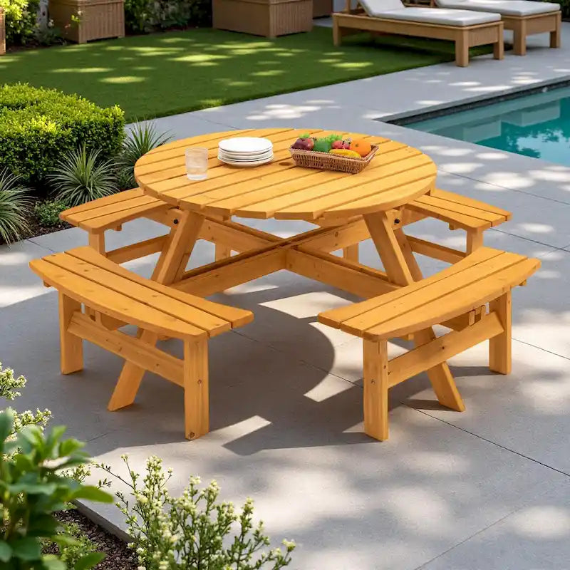Ensemble de pique-nique et repas rond pour terrasse extérieure en bois de sapin, 8 personnes, avec 4 bancs intégrés et trou pour parasol