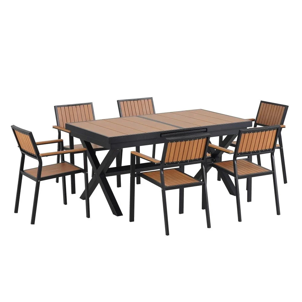 Set da pranzo moderno da esterno da 7 pezzi con sei sedie e un tavolo allungabile per il patio