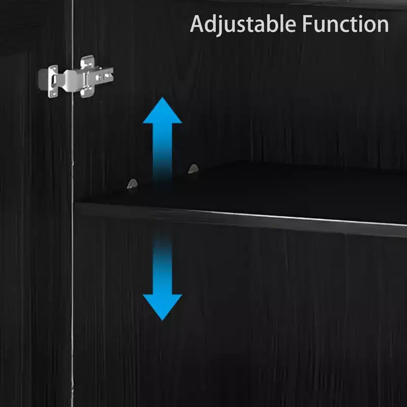Armoire décorative haute de 62 po à porte en cannage noir, effet grain de bois, avec 12 étagères