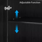 Armoire décorative haute de 62 po à porte en cannage noir, effet grain de bois, avec 12 étagères