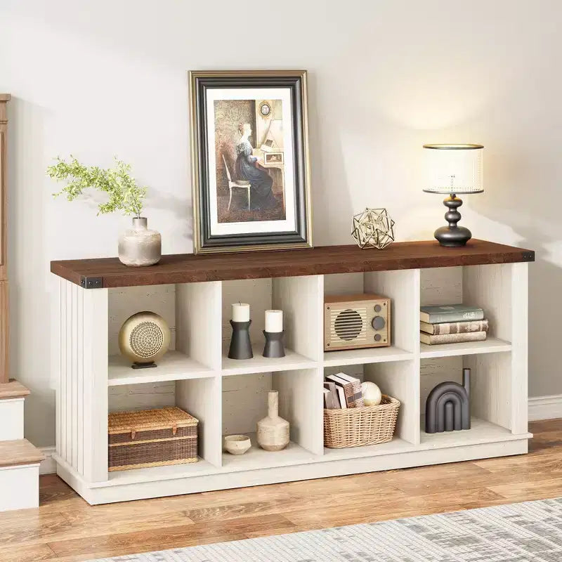 Libreria organizer con 8 scomparti, mobile orizzontale in stile rustico, libreria in legno da 62 pollici con vani portaoggetti per ingresso, libreria lunga e bassa per soggiorno