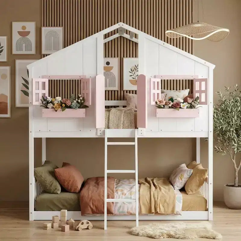 Letto a soppalco matrimoniale singolo a forma di casetta, letto rialzato in legno tipo casetta con scaletta e sponde di sicurezza per bambini