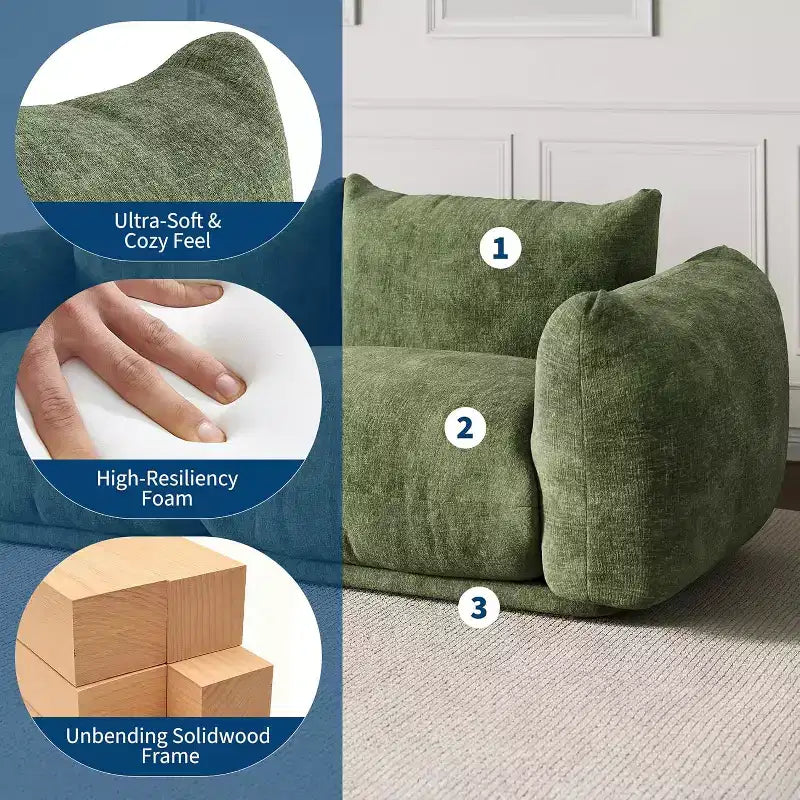 Divano modulare a due posti in tessuto chenille, divano nuvola a 2 posti con schiuma altamente elastica, divano senza struttura per piccoli spazi