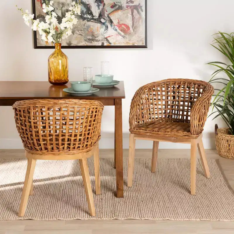 Ensemble de 2 chaises de salle à manger bali & pari Mario, en bois de teck et rotin au fini brun naturel, style bohème moderne