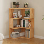 Libreria verticale in legno a forma di L con finitura naturale e schienale aperto