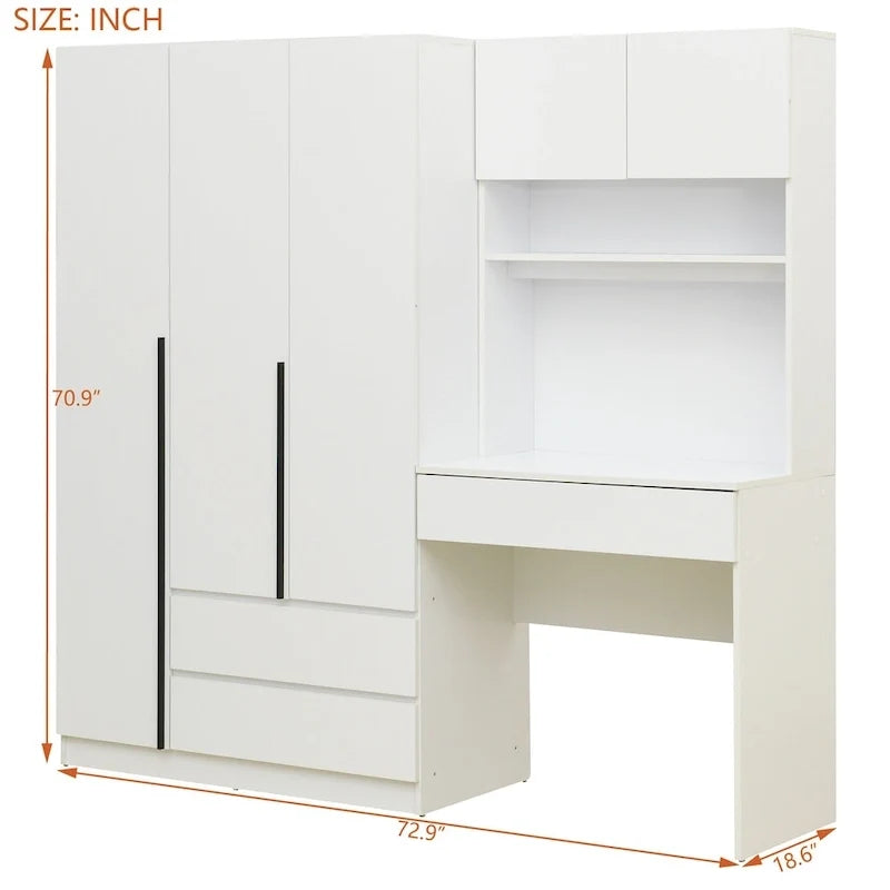 Armoire 3-en-1 avec coiffeuse, ensemble bureau, armoire de chambre avec 2 tiroirs, 3 portes et espace de rangement