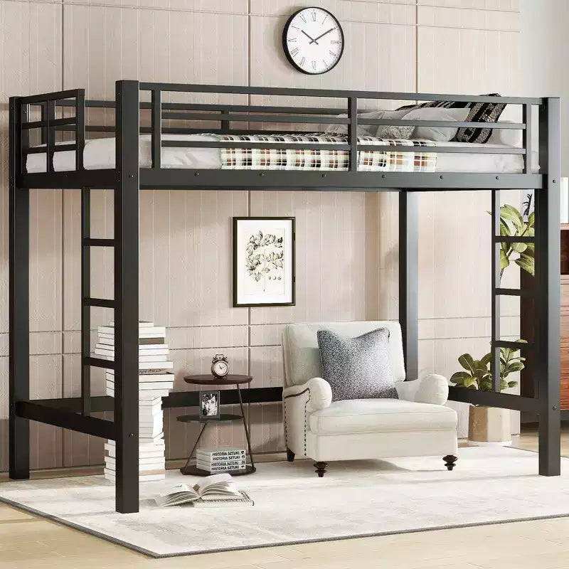 Letto a soppalco in metallo, struttura salvaspazio con doppia scala e sponde di sicurezza, nero - ModernLuxe