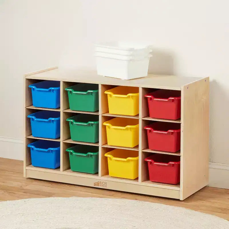 Mobiletto mobile con vassoi e 15 contenitori frontali a vaschetta, 3x4, arredo per bambini
