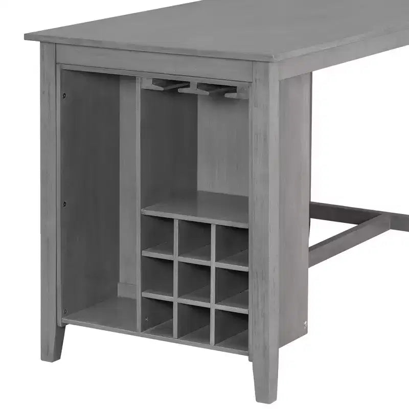 Set da pranzo in stile rustico composto da 5 pezzi, altezza bancone, con sedie per 4 persone, tavolo rettangolare in legno con ripiani contenitori e scomparto portabottiglie