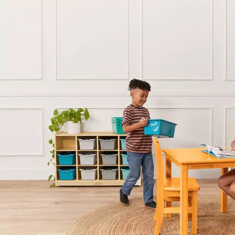 Mobiletto mobile con vassoi e 15 contenitori frontali a vaschetta, 3x4, arredo per bambini