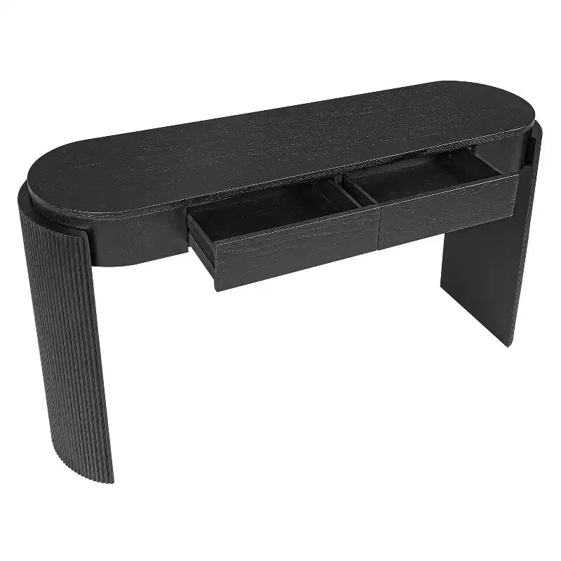 Consolle moderna Merax con piano ovale, gambe curve scanalate e due cassetti nascosti